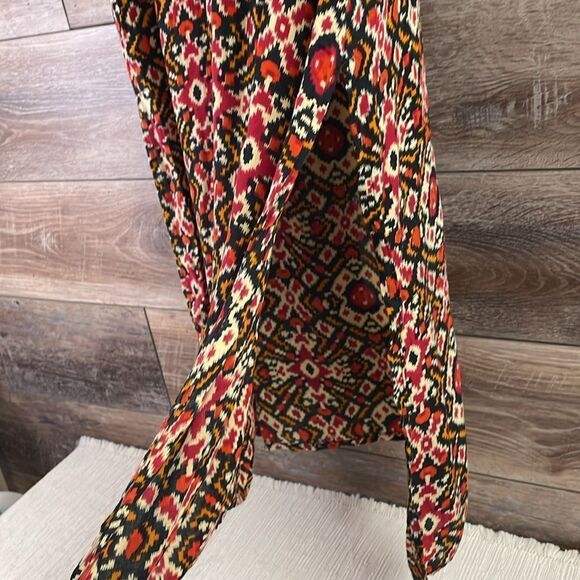 JMD Kaftan Tunic Dress Sequined Metallic Trim Southwestern Print Red Black Tan - Picture 5 of 10